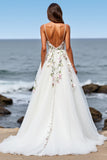 White Floral Tulle Spaghetti Straps A Line Long Wedding Dress