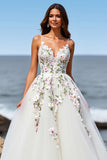 White Floral Tulle Spaghetti Straps A Line Long Wedding Dress