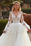 White Long Sleeves A Line Wedding Dress With Appliques