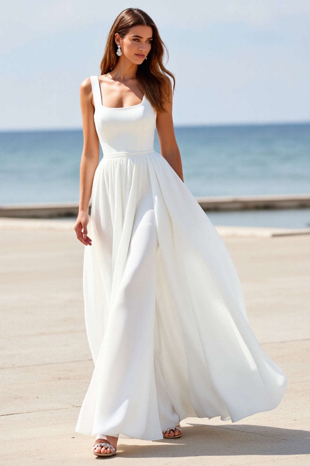 WEDTREND Women White Wedding Dress Square Neck A Line Long Bridal Dress WEDTREND Women White Wedding Dress Square Neck A Line Long Bridal Dress