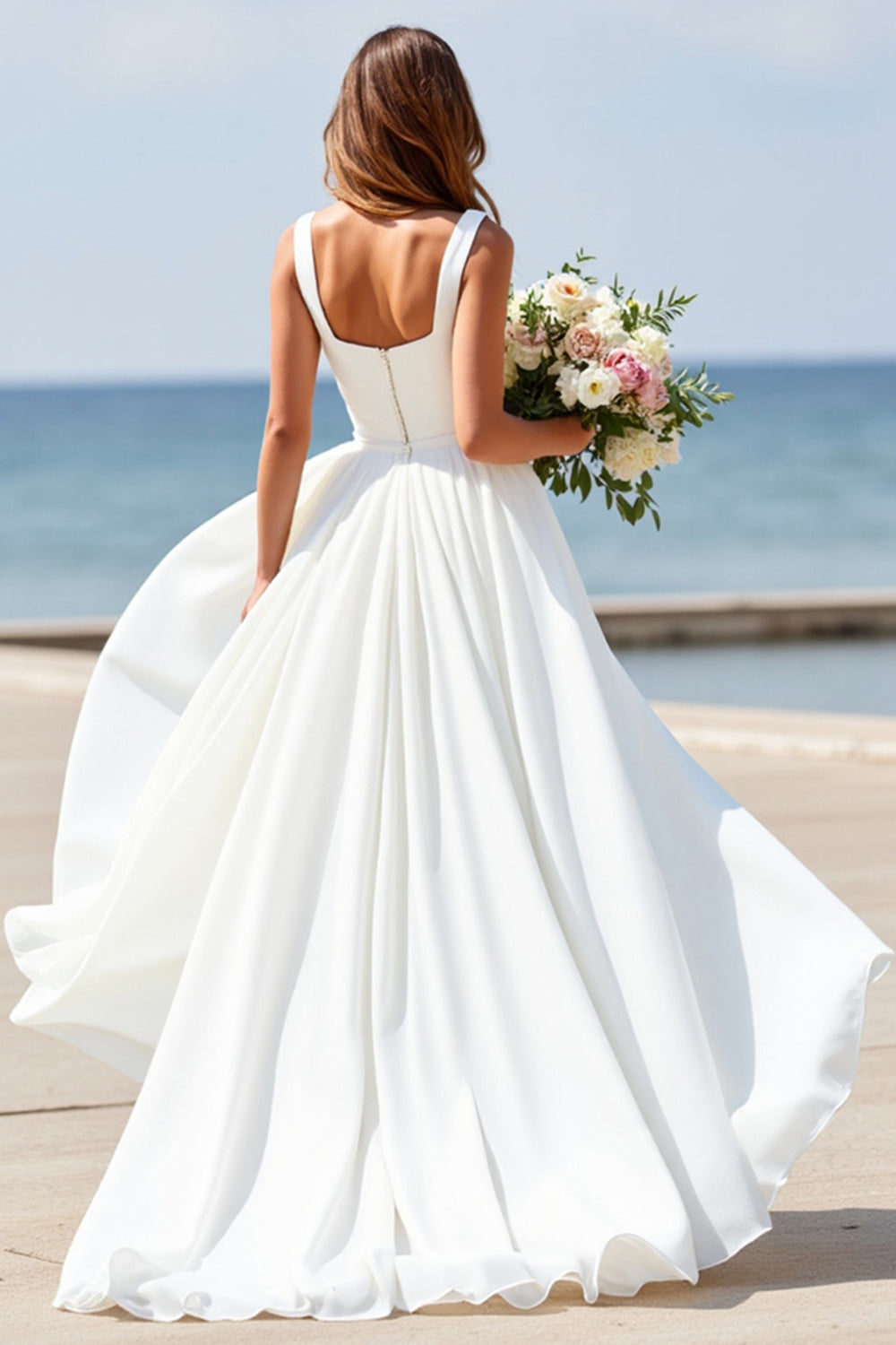 WEDTREND Women White Wedding Dress Square Neck A Line Long Bridal Dress WEDTREND Women White Wedding Dress Square Neck A Line Long Bridal Dress