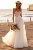 White Spaghetti Straps Tulle A Line Long Wedding Dress With Appliques