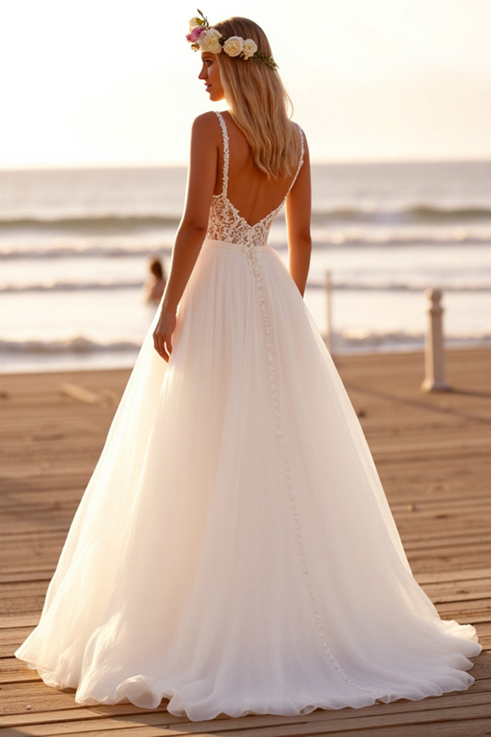 WEDTREND Women White Wedding Dress With Appliques Spaghetti Straps Tulle A Line Long Boho Bridal Dress, White / US14