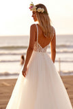 White Spaghetti Straps Tulle A Line Long Wedding Dress With Appliques
