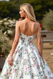 Floral Strapless White A Line Long Wedding Dress