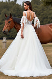 White Tulle A Line Long Wedding Dress With Appliques