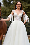 White Tulle A Line Long Wedding Dress With Appliques