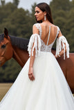 White Tulle A Line Long Wedding Dress With Appliques