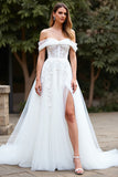 White Off The Shoulder A Line Long Wedding Dress With Slit