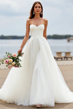 White Strapless Tulle A Line Long Wedding Dress
