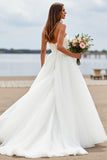 White Strapless Tulle A Line Long Wedding Dress