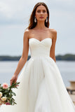 White Strapless Tulle A Line Long Wedding Dress