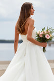 White Strapless Tulle A Line Long Wedding Dress