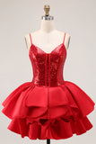 Cute Red A Line Spaghetti Straps Mini Homecoming Dress with Sequins