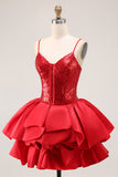 Cute Red A Line Spaghetti Straps Mini Homecoming Dress with Sequins