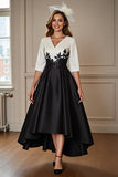 Black and White A Line V-Neck High Low Mother Of The Bride Dress with Appliques