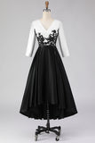 Black and White A Line V-Neck High Low Mother Of The Bride Dress with Appliques