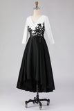 Black and White A Line V-Neck High Low Mother Of The Bride Dress with Appliques