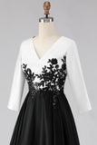 Black and White A Line V-Neck High Low Mother Of The Bride Dress with Appliques