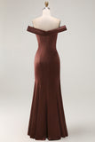 Brown Mermaid Off The Shoulder Long Satin Mother Of The Bride Dress
