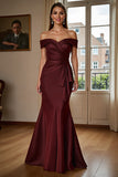 Brown Mermaid Off The Shoulder Long Satin Mother Of The Bride Dress