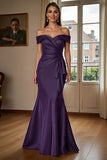 Brown Mermaid Off The Shoulder Long Satin Mother Of The Bride Dress
