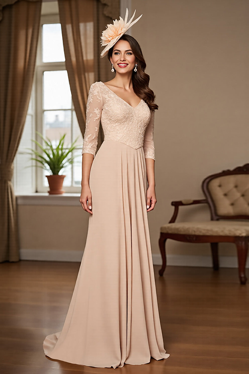 WEDTREND Women Apricot Mother Of The Bride Dress V Neck Formal Dress With Appliques WEDTREND Women Apricot Mother Of The Bride Dress V Neck Formal Dress With Appliques