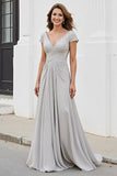 Silver A-Line Beaded V-Neck Mother Of The Bride Dress with Cap Sleeves