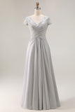 Silver A-Line Beaded V-Neck Mother Of The Bride Dress with Cap Sleeves