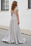 Silver A-Line Beaded V-Neck Mother Of The Bride Dress with Cap Sleeves