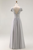 Silver A-Line Beaded V-Neck Mother Of The Bride Dress with Cap Sleeves