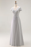 Silver A-Line Beaded V-Neck Mother Of The Bride Dress with Cap Sleeves