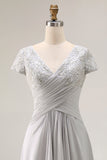 Silver A-Line Beaded V-Neck Mother Of The Bride Dress with Cap Sleeves