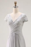 Silver A-Line Beaded V-Neck Mother Of The Bride Dress with Cap Sleeves