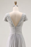 Silver A-Line Beaded V-Neck Mother Of The Bride Dress with Cap Sleeves