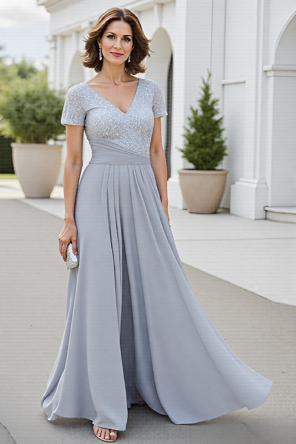 WEDTREND Women Chiffon Silver Mother Of The Bride Dress V Neck A Line Long Formal Dress, Silver / US14