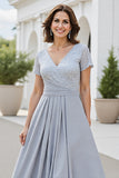 Chiffon Silver V Neck A Line Mother Of The Bride Dress