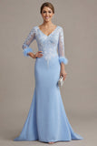Sky Blue Mermaid Appliqued V Neck Mother of the Bride Dress with Sheer Sleeves