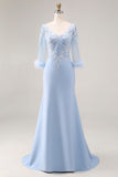 Sky Blue Mermaid Appliqued V Neck Mother of the Bride Dress with Sheer Sleeves