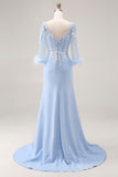Sky Blue Mermaid Appliqued V Neck Mother of the Bride Dress with Sheer Sleeves