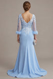 Sky Blue Mermaid Appliqued V Neck Mother of the Bride Dress with Sheer Sleeves