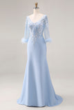 Sky Blue Mermaid Appliqued V Neck Mother of the Bride Dress with Sheer Sleeves