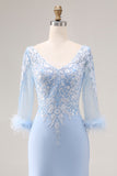 Sky Blue Mermaid Appliqued V Neck Mother of the Bride Dress with Sheer Sleeves