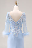 Sky Blue Mermaid Appliqued V Neck Mother of the Bride Dress with Sheer Sleeves