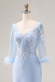 Sky Blue Mermaid Appliqued V Neck Mother of the Bride Dress with Sheer Sleeves