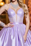 Lilac Satin Corset Halter A Line Homecoming Dress With Beading