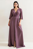 Vintage Mauve Ruched V Neck A Line Long Mother Of The Bride Dress With Slit