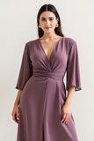 Vintage Mauve Ruched V Neck A Line Long Mother Of The Bride Dress With Slit