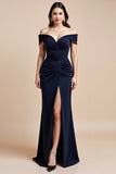 Navy Off the Shoulder Ruched Mermaid Long Formal Dress With Slit
