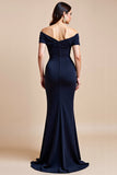 Navy Off the Shoulder Ruched Mermaid Long Formal Dress With Slit